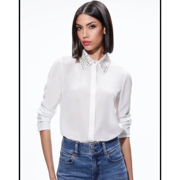 Alice & Olivia Willa embellished Collared Silk Top Sz M - Picture 1 of 16